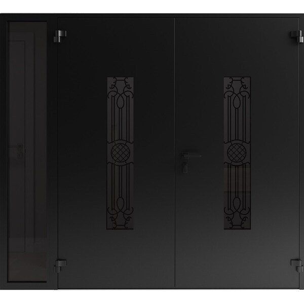 Vdomdoors Front Exterior Prehung Aluminum Double Doors Ronex1477 Black Enamel 1 Sidelight Mirrored Clear RONEX1477DEXD-BLK-W72+14xH80-LH-I - main