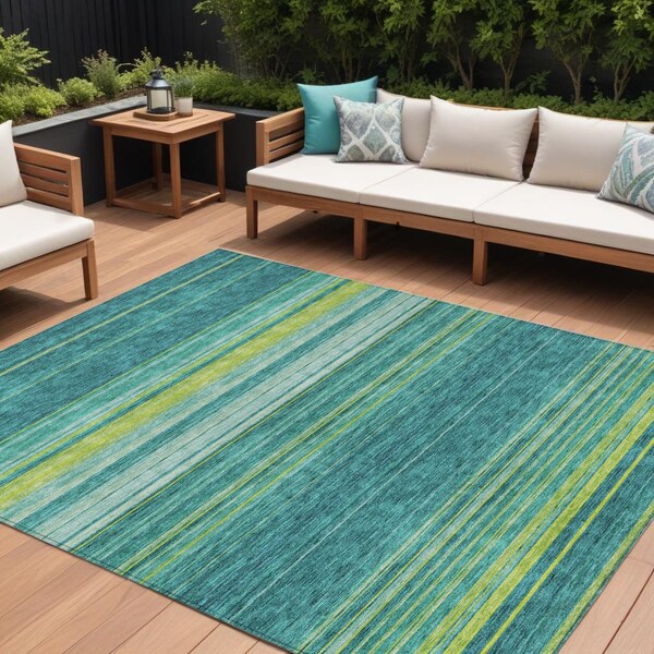 Homeroots 10' X 14' Teal Blue Lime Green And Turquoise Striped Washable Indoor Outdoor Area Rug 614844 - main