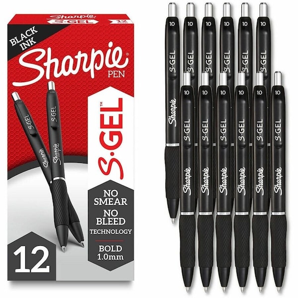 Sharpie S-Gel High-Performance Gel Pen, Retractable, Bold 1 mm, Black Ink, Black Barrel, PK12 PK 2096149 - main
