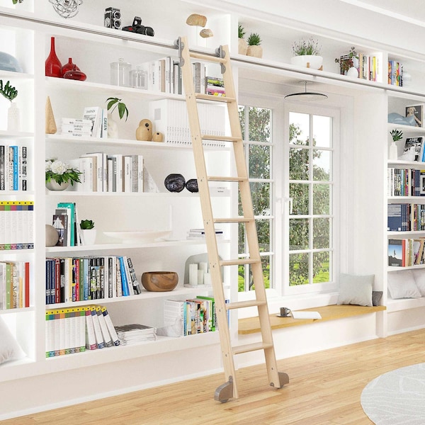 Quiet Glide 8.06 ft. Maple Contemporary Wheel Satin Nickel Rolling Hook Removable Ladder, 12 ft. Rail QG.540-8MA-12-H.02 - main