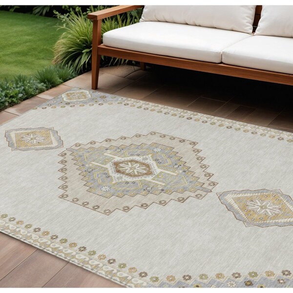 Homeroots 9' X 12' Ivory Gray And Brown Oriental Washable Indoor Outdoor Area Rug 598422 - main