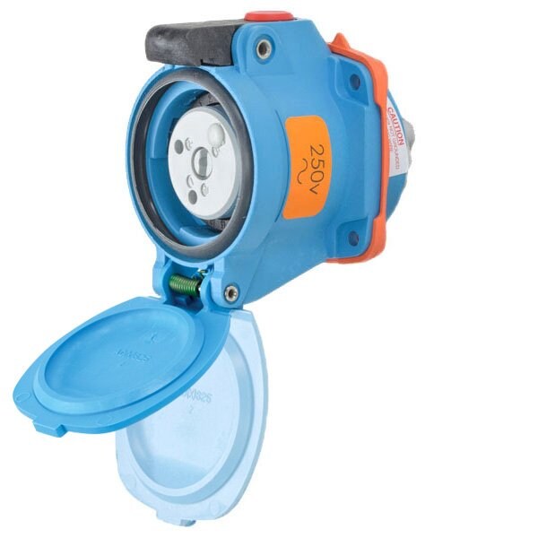 Meltric DSN20 RECEPTACLE POLY BLUE SIZE 1 TYPE 4X IP 69 2P+G 20 A 250 VAC 60 Hz NO AUX PADLOCK PAWL 63-14072-843 - main