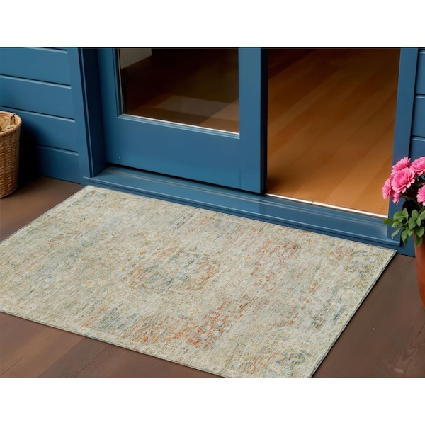 Homeroots 3' X 5' Tan And Beige Medallion Washable Indoor Outdoor Area Rug 615746 - main