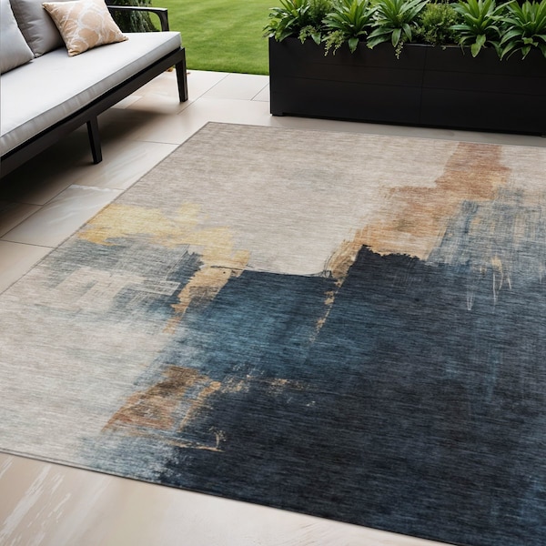 Homeroots 5' X 8' Taupe Black And Blue Abstract Washable Indoor Outdoor Area Rug 603036 - main