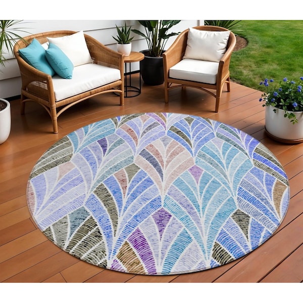 Homeroots 8' Blue Brown And Purple Round Geometric Washable Indoor Outdoor Area Rug 589208 - main