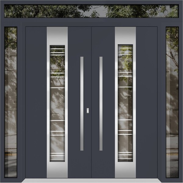 Vdomdoors Metal Double Doors Deux 5755 Gray Graphite Clear Glass 2 Sidelights and Top Transom Entry Modern Pa DEUX5755DEXD-GRE-W12+72+12xH80+12-RH-I - main