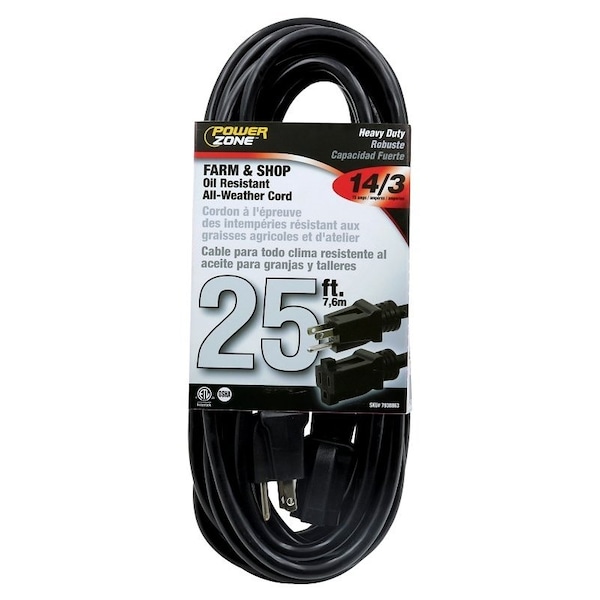 Powerzone SJTOW Extension Cord, 14 AWG, Outdoor, 14/3, 1 Outlets, Black, 25 ft OR532725 - main