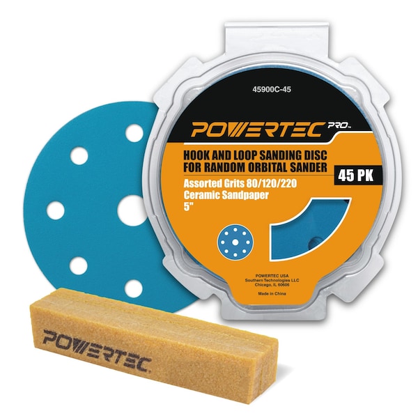 Powertec 5in 9 Holes Hook and Loop Assorted Sanding Disc, Ceramic, 80/120/220 Grit & Abrasive Cleaning Stick 45901CN - main