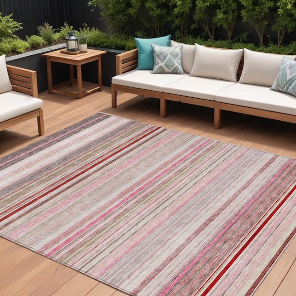 Homeroots 10' X 14' Pink Blush And Burgundy Striped Washable Indoor Outdoor Area Rug 614826 - main