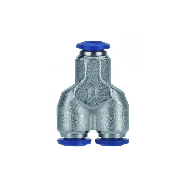 Usa Industrials Push to Connect Tube Fitting, Nickel Plated Brass w/Plastic Release Ring, Union Wye, 5/16in Tube OD ZUSA-TF-PTC-NPBR-497 - main