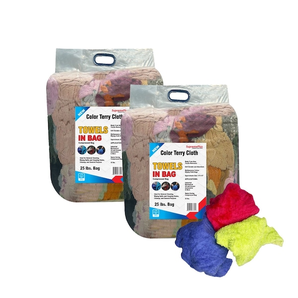 Supremeplus New Color Terry Towel Cleaning Rags, 25 lbs. Bag, Pack of 2, 2PK SP-7974 - main