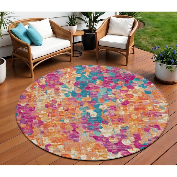 Homeroots 8' Blush Orange And Teal Blue Round Abstract Washable Indoor Outdoor Area Rug 631983 - main
