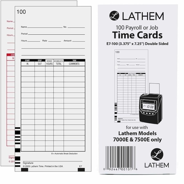 Lathem Time Co Lathem, Time Card For Lathem Model 7000e, Numbered 1-100, 100PK E7100 - main