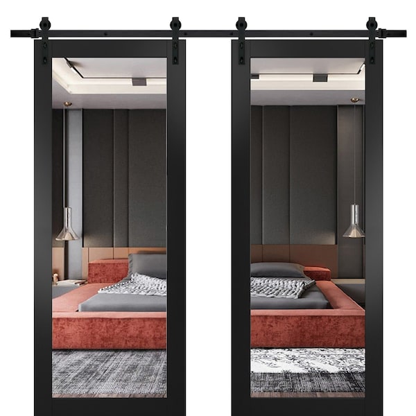Sartodoors Sturdy Double Barn Door with Mirror, Lucia 1299 Matte Black, 13FT Rail Hangers Heavy Set, Solid P LUCIA1299DB-BLK-7296 - main