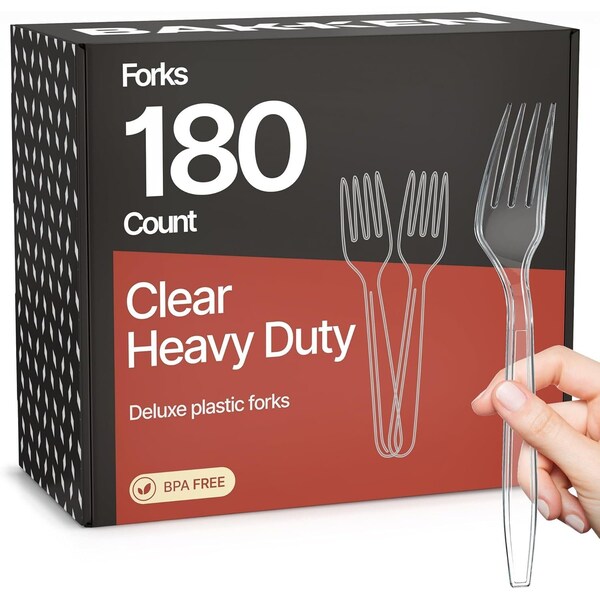 Bakkenmaster Disposable Cutlery Set Heavy-Duty BPA-Free Plastic Forks, Reusable and Heat-Resistant, 180PK BK-180CF - main