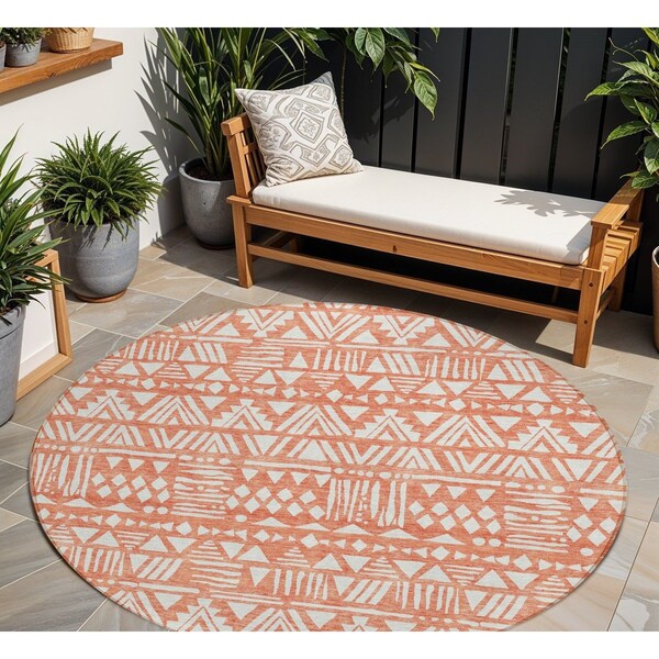Homeroots 8' Coral And Ivory Round Southwestern Washable Indoor Outdoor Area Rug 594162 - main