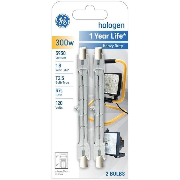 Ge Halogen Bulb, 300 W, R7S Lamp Base, T2.5 Lamp, Clear Light, 5950 Lumens, 2950 K Color Temp, 2PK 85047 - main