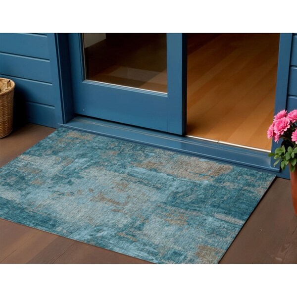 Homeroots 3' X 5' Teal Blue And Gray Abstract Washable Indoor Outdoor Area Rug 596890 - main
