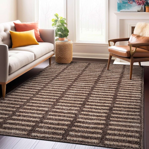 World Rug Gallery Bohemian Stripe Lines Shag Area Rug 5 ft x 7 ft Beige WR128BEIGE5X7 - main
