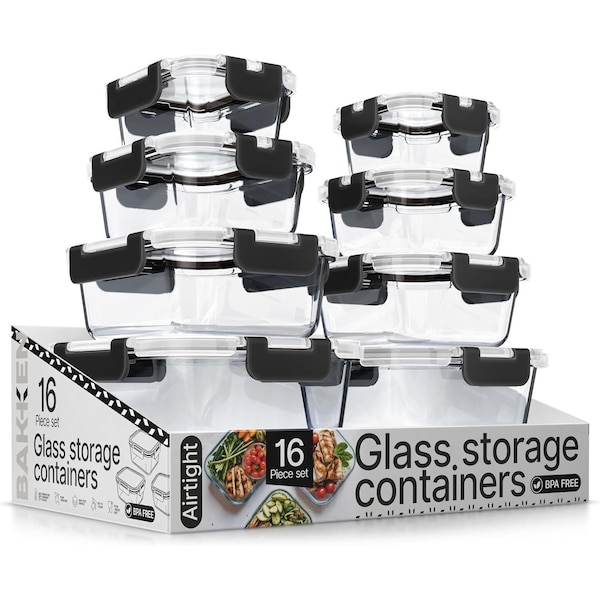 Bakkenmaster Borosilicate Glass Food Storage Containers with Lids, BPA-Free, Airtight and Leak-Proof, Black, 16PK EMPGFCL448BK - main