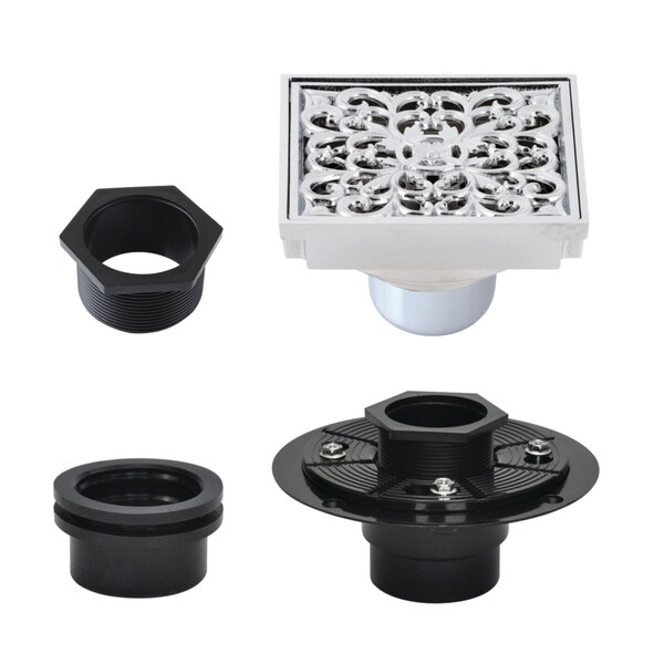 Kingston Brass 4" Brass Square Grid Shower Drain with Hair Strainer and Base Flange, Polished Chrome BSFK9771C - main