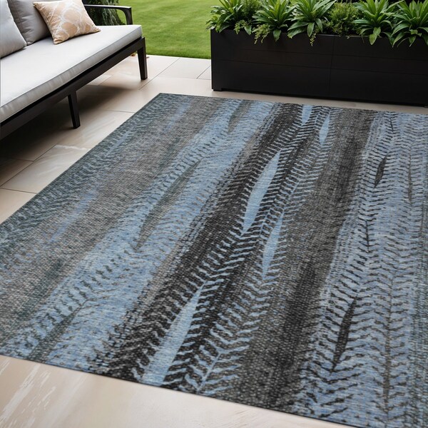 Homeroots 5' X 8' Blue Gray And Charcoal Botanical Leaves Washable Indoor Outdoor Area Rug 581937 - main