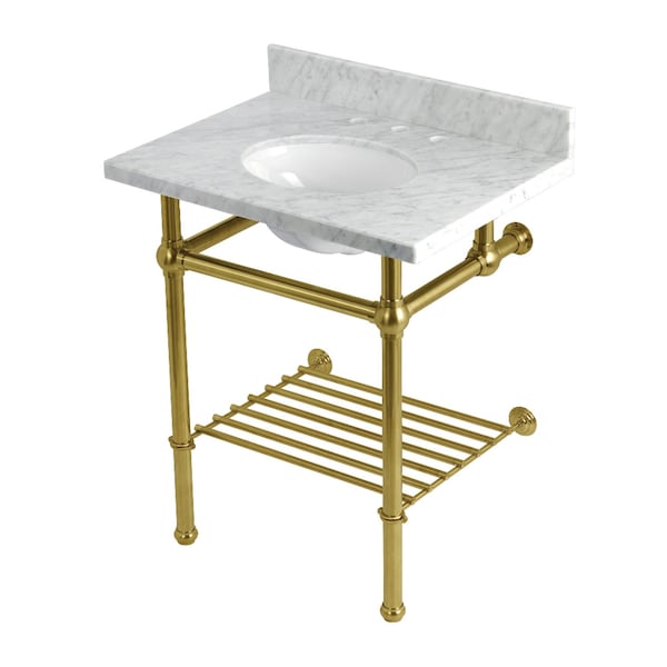 Kingston Brass 30-Inch Carrara Marble Console Sink with Brass Legs and Shelf, 8-Inch, 3-Hole KVPB30MBB7 - main