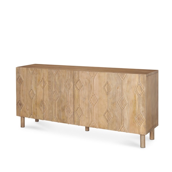 Homeroots 71in Light Brown Solid Wood Carved Geometric Sideboard Soft Close with Four Doors 611021 - main