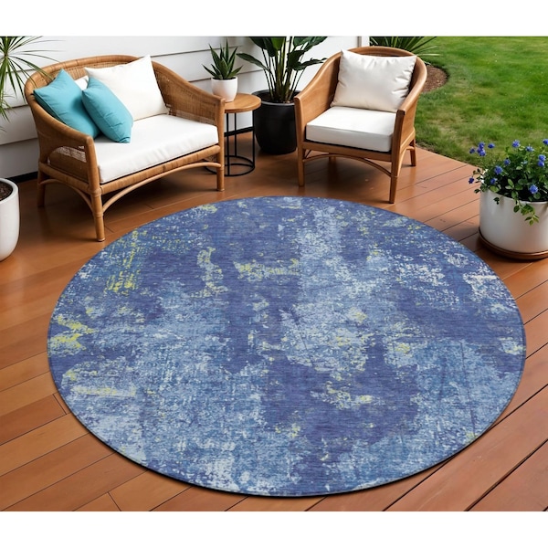 Homeroots 8' Navy Blue And Denim Blue Round Abstract Washable Indoor Outdoor Area Rug 610410 - main