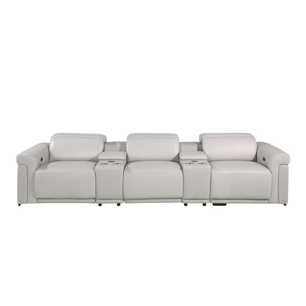 Homeroots 126" Light Gray Top Grain Leather Reclining Metal USB Sofa 720368 - main