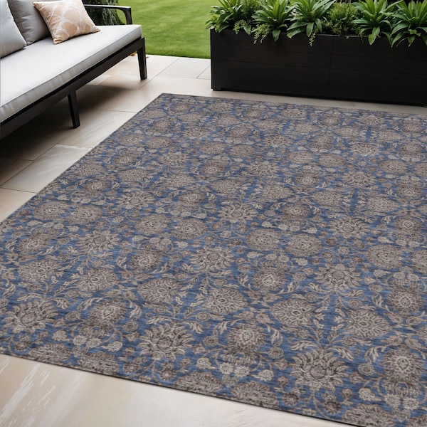 Homeroots 5' X 8' Navy Blue Beige And Taupe Floral Washable Indoor Outdoor Area Rug 582291 - main