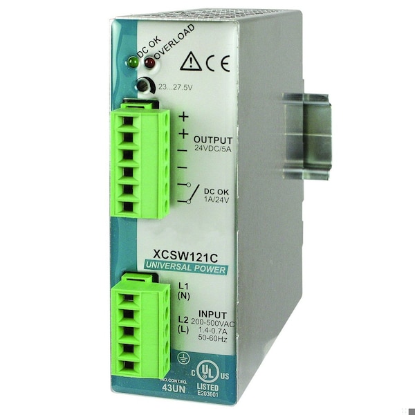 Automation Systems Interconnect 24V DIN Rail Power Supply, Split Phase, Input 240V AC, Output 24V DC, 5A XCSW121C - main