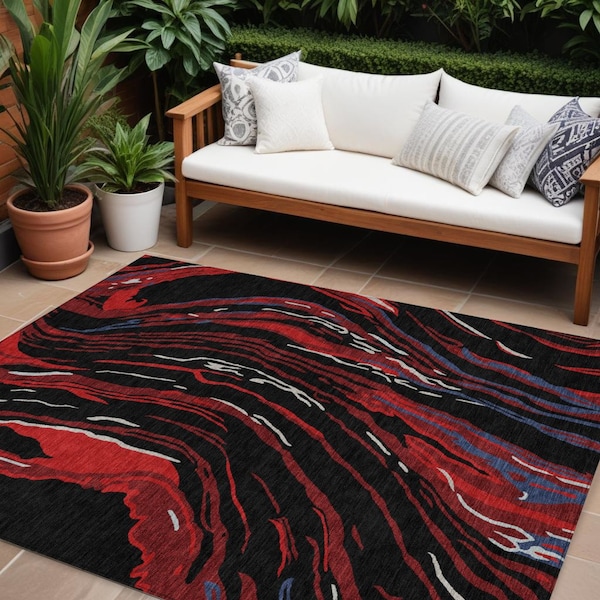 Homeroots 9' X 12' Black Red And Gray Abstract Washable Indoor Outdoor Area Rug 600214 - main