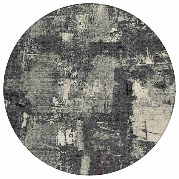Homeroots 8' Black Gray And Ivory Round Abstract Washable Indoor Outdoor Area Rug 596844 - main