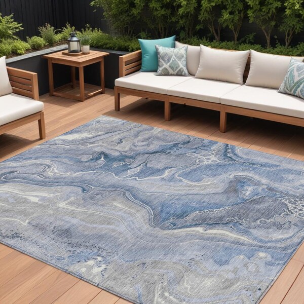 Homeroots 10' X 14' Denim Blue And Ivory Abstract Washable Indoor Outdoor Area Rug 617601 - main