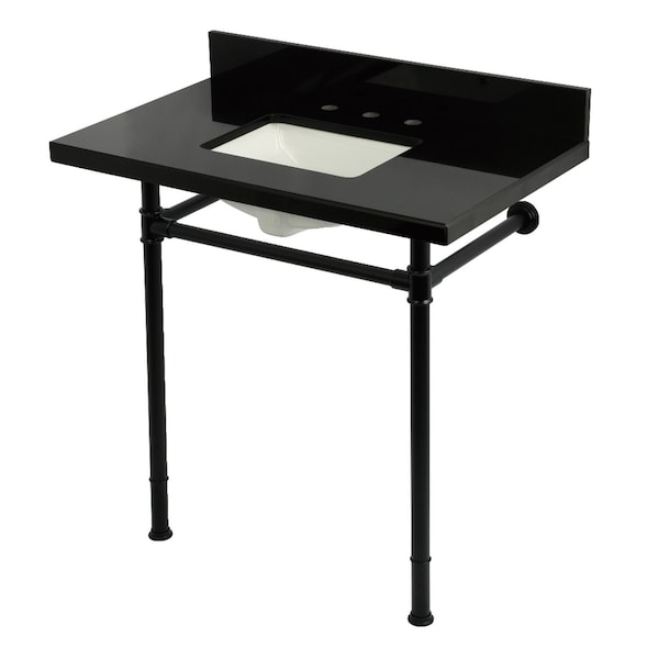 Kingston Brass 36" Black Granite Console Sink with Stainless Steel Legs, 8-Inch, 3-Hole, Black Granite/Matte Black KVPK36227K8SQ0 - main