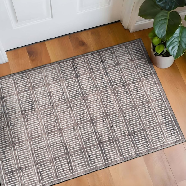 World Rug Gallery Bohemian Stripe Lines Washable Non Slip Area Rug 2 ft x 4 ft Brown WR68BROWN2X4 - main