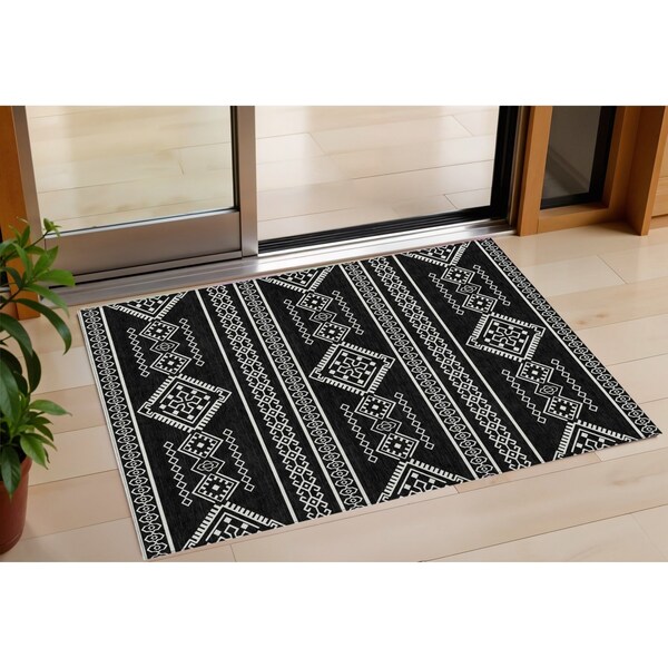 Homeroots 3' X 5' Black And Ivory Southwestern Washable Indoor Outdoor Area Rug 593648 - main