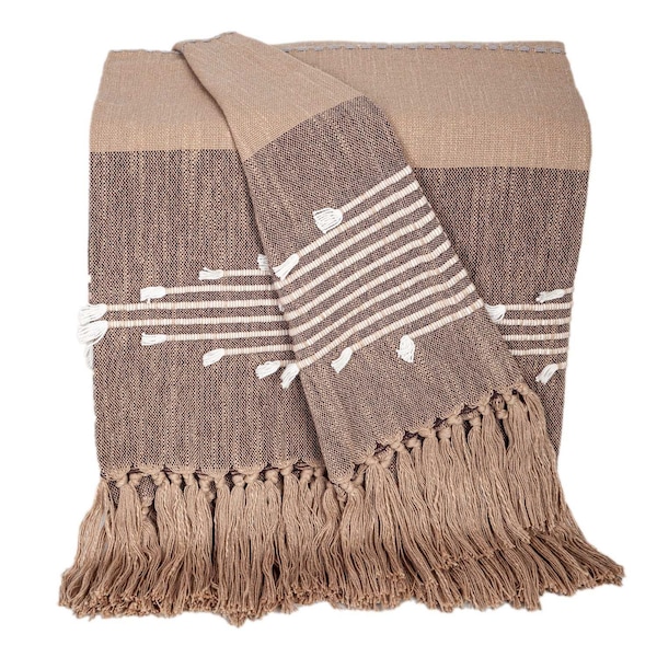 Homeroots 50" X 60" Brown and Beige Woven Cotton Striped Throw Blanket with Tassels and Embroidery 548934 - main
