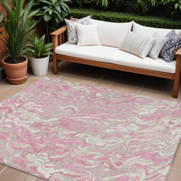 Homeroots 10' X 14' Pink Gray And Ivory Abstract Washable Indoor Outdoor Area Rug 600311 - main