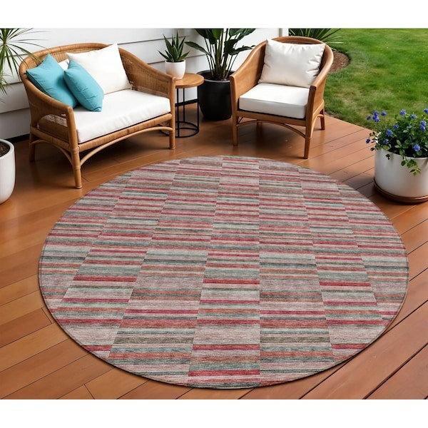 Homeroots 8' Red Beige And Copper Round Striped Washable Indoor Outdoor Area Rug 587934 - main