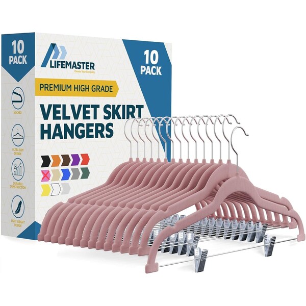 Lifemaster Velvet Pants Hangers, Adjustable Clips, 360 Deg Swivel Hook, Non-Slip, Holds 10 lbs, Pink, 10PK LMVSH10PK - main