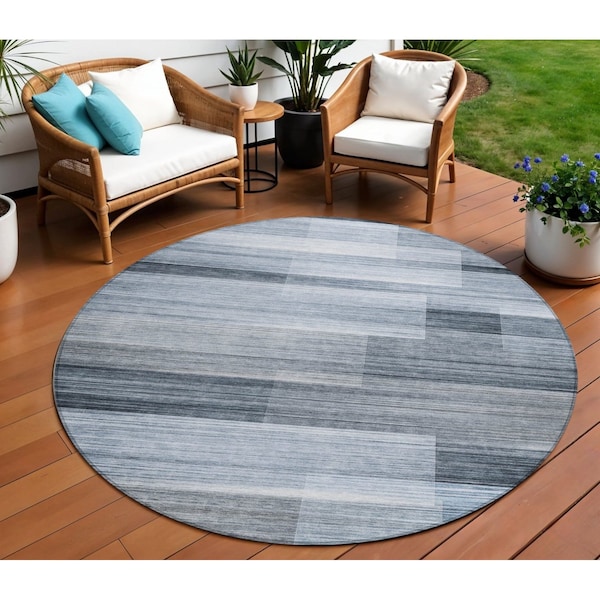 Homeroots 8' Denim Blue And Ivory Round Striped Washable Indoor Outdoor Area Rug 630983 - main