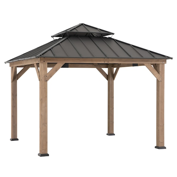 Sunjoy 11 x 11ft Outdoor Wooden Gazebo Patio Steel Hardtop Gazebo, Brown A1020073A0 - main