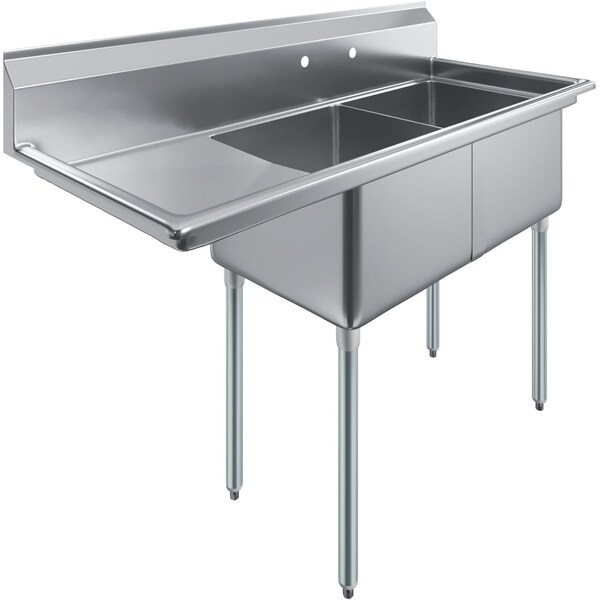 Amgood Stainless Steel 2 Compartment Sink with Left Drainboard. Bowl 18 in. x 18 in. X 12 in. No Faucet SINK S2C-181812-18L-NF-Z - main