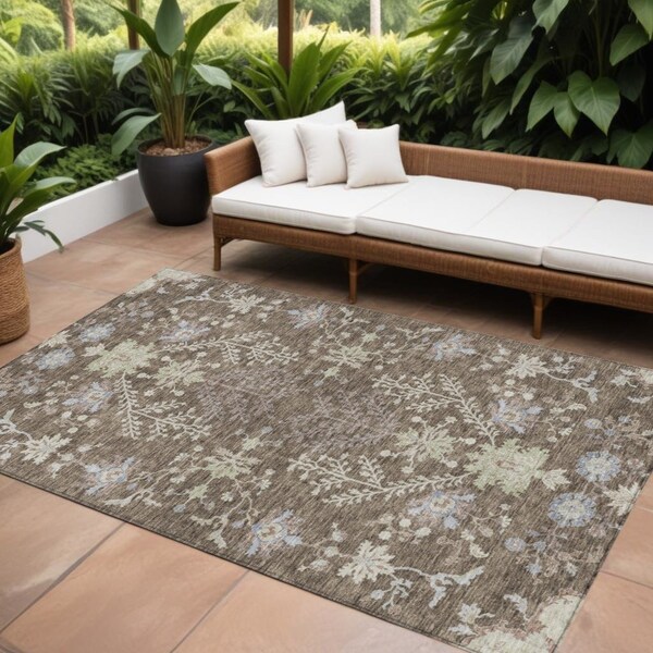 Homeroots 10' X 14' Brown Beige And Green Floral Washable Indoor Outdoor Area Rug 605454 - main