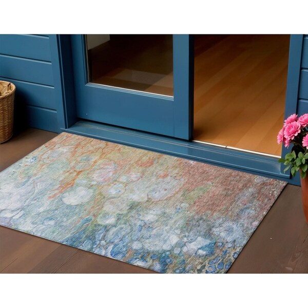 Homeroots 3' X 5' Copper Blue And Artichoke Green Abstract Washable Indoor Outdoor Area Rug 582164 - main