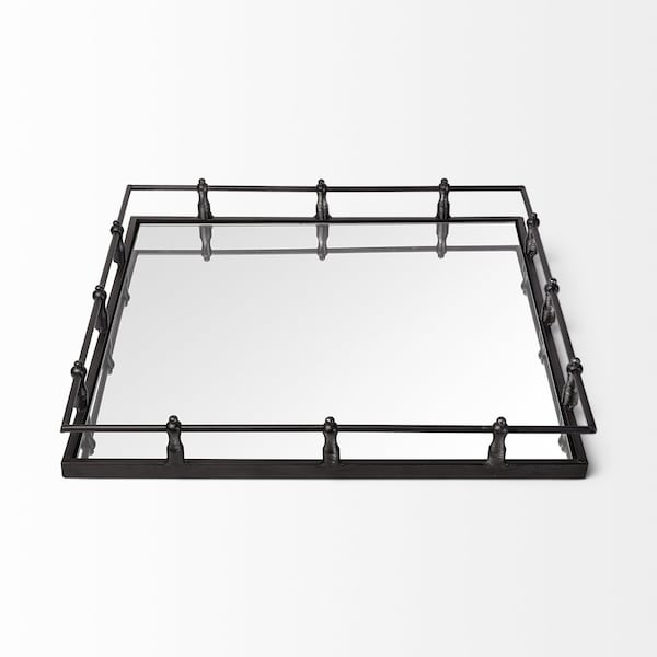 Homeroots Natural Finish Metal With Mirrored Glass Bottom And Railing Handle Tray 376036 - main