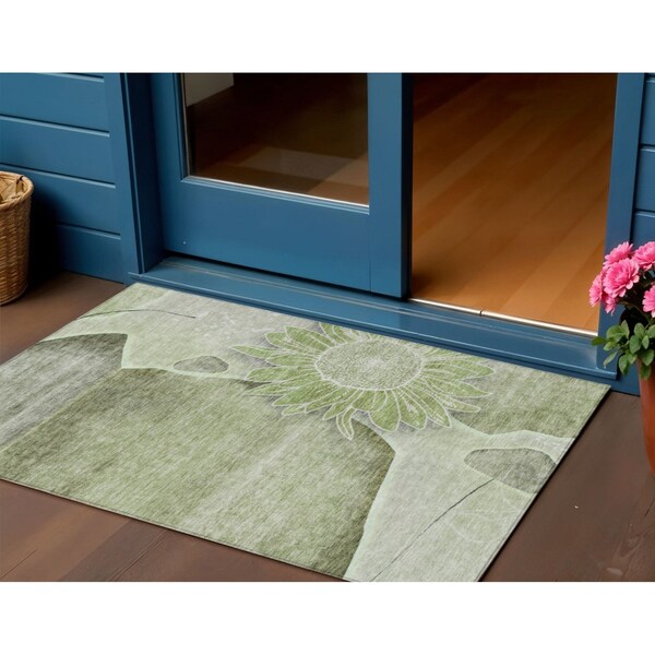 Homeroots 3' X 5' Artichoke Green And Gray Floral Washable Indoor Outdoor Area Rug 582230 - main