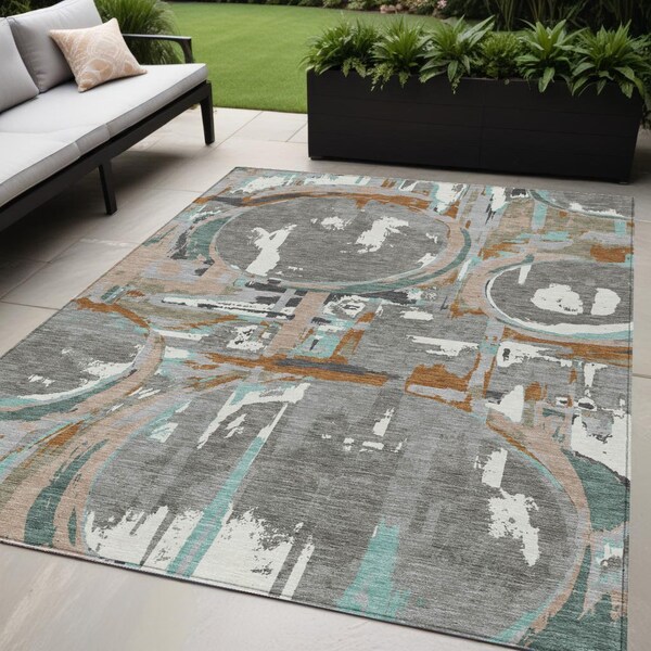 Homeroots 5' X 8' Gray Copper And Mint Green Geometric Washable Indoor Outdoor Area Rug 589387 - main